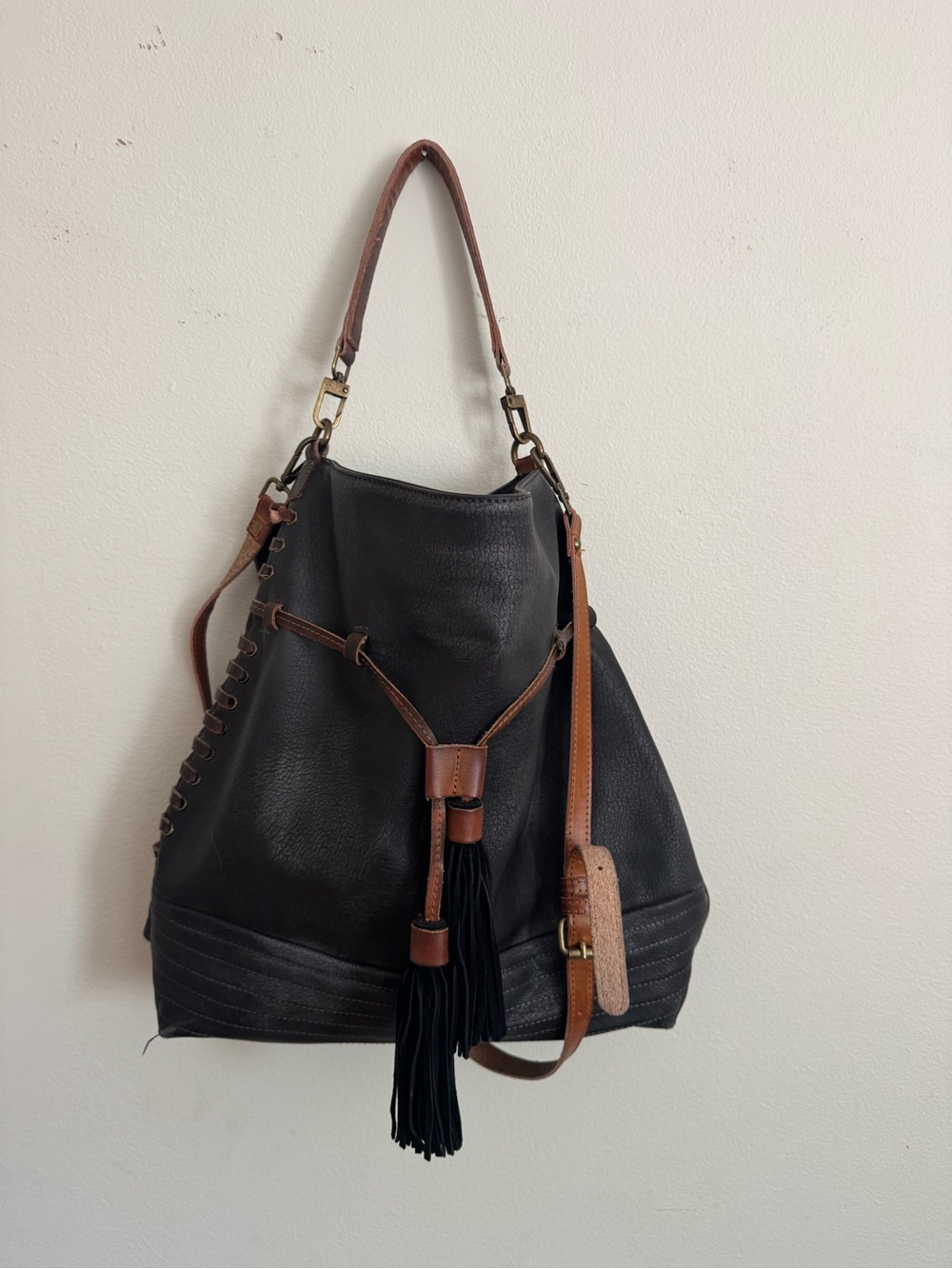 Free People Black Leather Crossbody Tote with Brown Trim and Tassel
